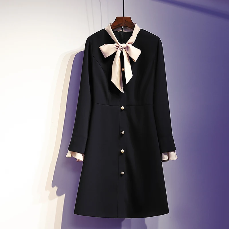 Ceny L 4XL Plus rozmiar kobiety elegancka sukienka trapezowa jesień 2019 modna kokardka kołnierz z długim rękawem perłowe guziki luźne sukienki damskie na co dzień