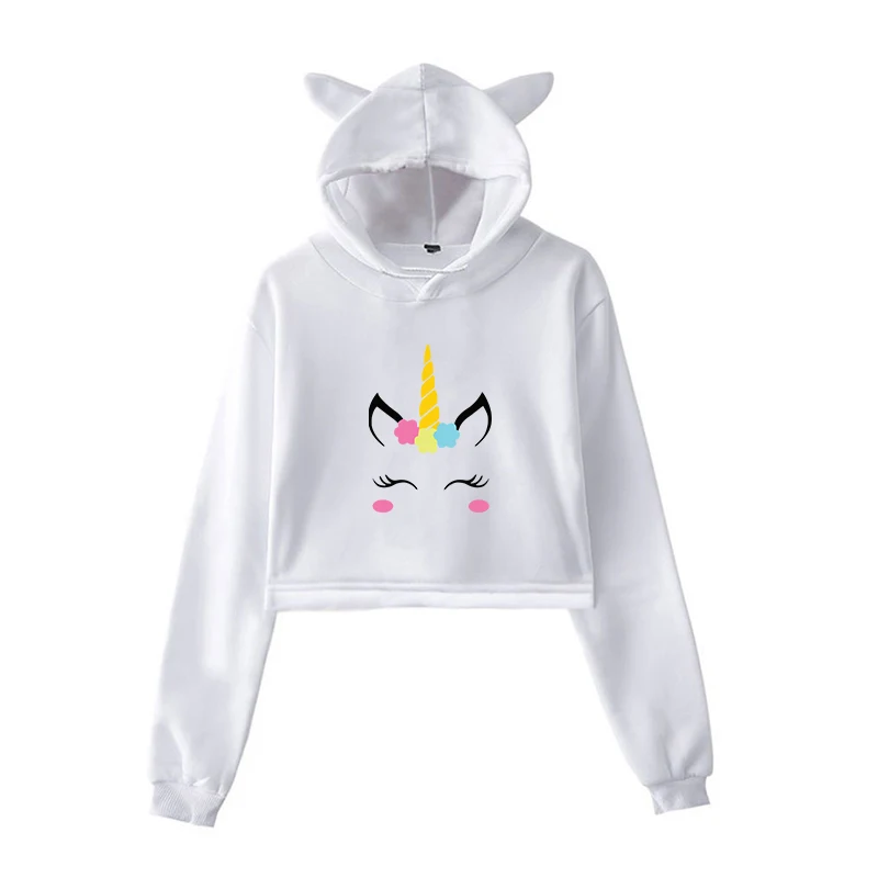 Модные толстовки с капюшоном для девочек Kawaii с принтом единорога женские свитшоты Харадзюку укороченная толстовка с длинными рукавами Повседневная Женская толстовка - Цвет: Kawaii Hoodie 7