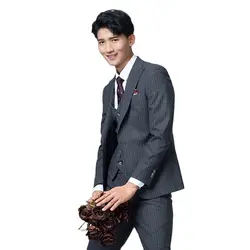 Fashionable Clothing For Men Dark Grey Stripe Peaked Lapel Single Button Leisure Business Suit For Groom Formal Wedding Tuxedo