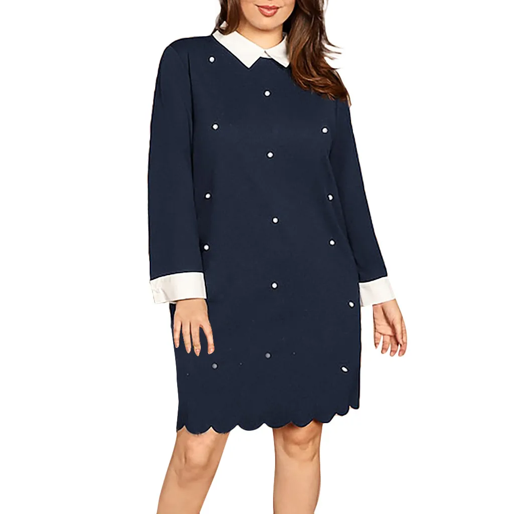 NY MISSOMO, плюс размер, платье для женщин, на каждый день, 5XL, женские платья с длинным рукавом, с бисером, одноцветное, с отложным воротником, зимнее платье, винтажное, vestidos - Цвет: NY