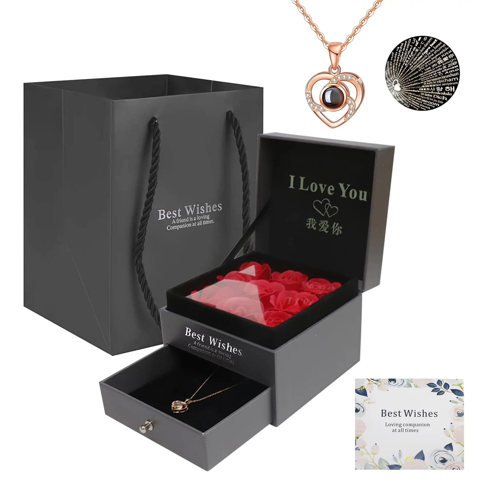 Preserved Real Rose with I Love You Necklace 100 Languages Jewelry Gift Box Handmade Eternal Flower for Wedding Birthday for Her