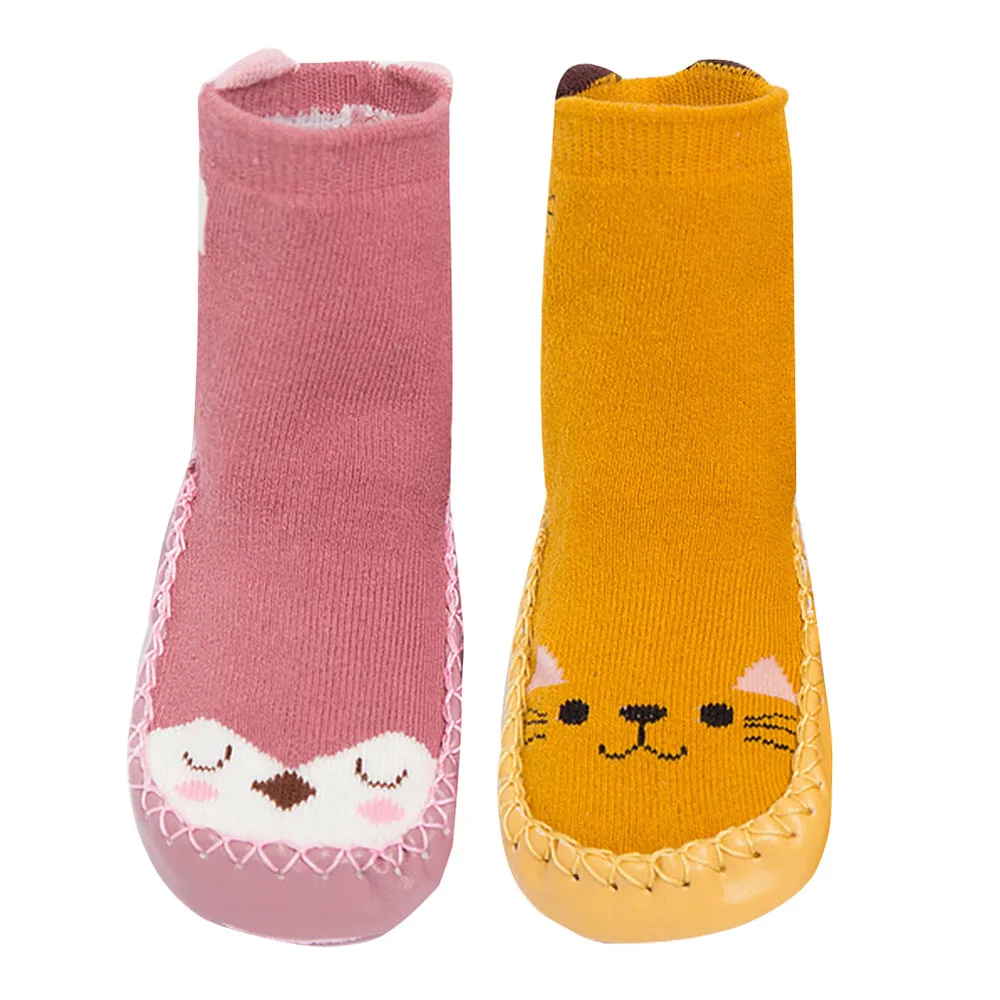 pink and yellow 2 пары детских носков с резиновой подошвой, носки для новорожденных, Осень-зима, детские носки-тапочки, нескользящие носки с мягкой подошвой для мальчиков и девочек - Цвет: pink and yellow