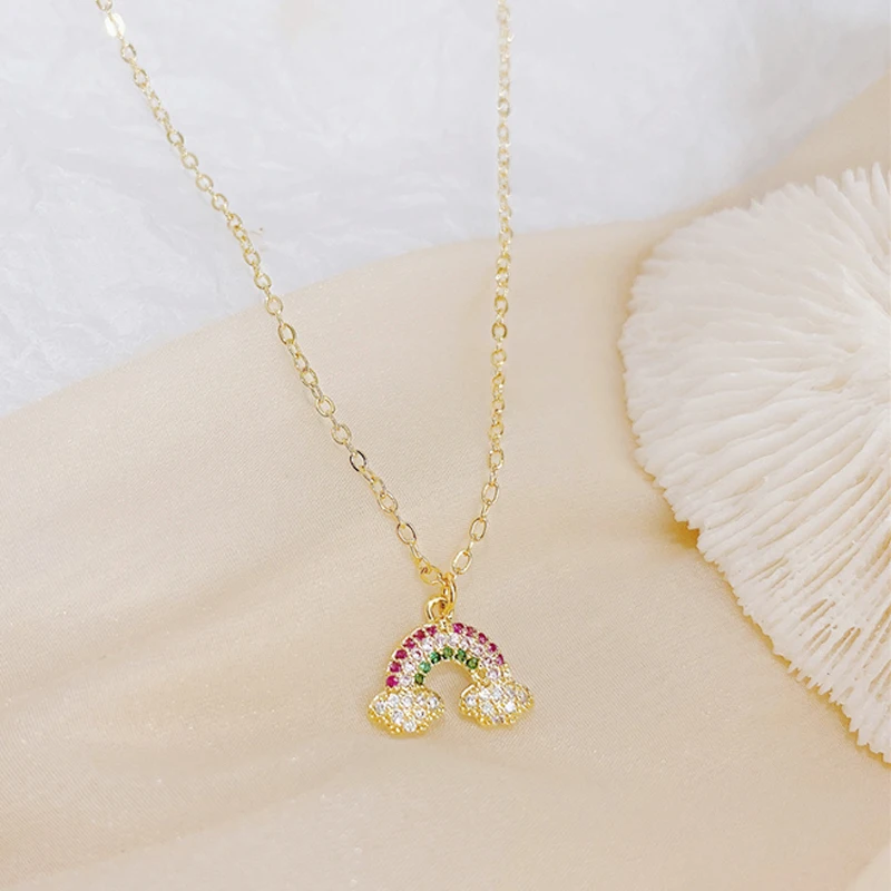 

14k Real Gold Colorful Rainbow Zircon Necklace for Lady Charm Creative Clavicle Temperament Colar Bijoux Pendant Jewelry Gift