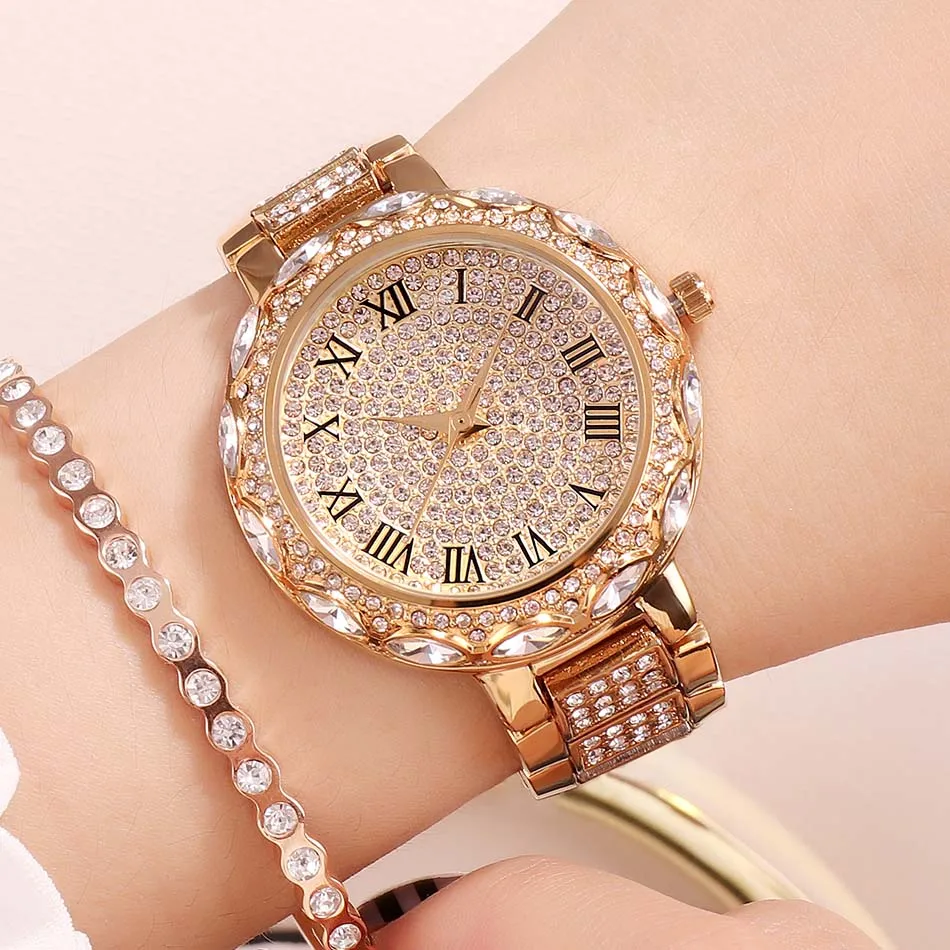 GEDI роскошные женские часы с бриллиантами, полностью Стразы, наручные часы, женские часы с кристаллами, золотые женские кварцевые часы zegarek damski - Цвет: Gold women watch