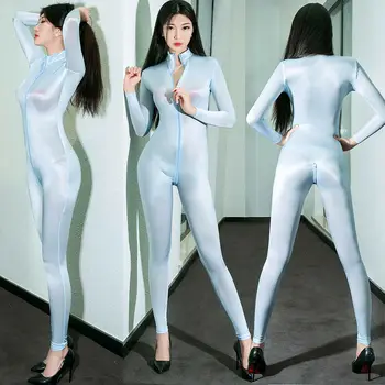 

Metelam Women Shiny Jumpsuit Sheer Super Soft Skiny Bodysuit ZIPPER Open Crotch Catsuit Playsuit Romper