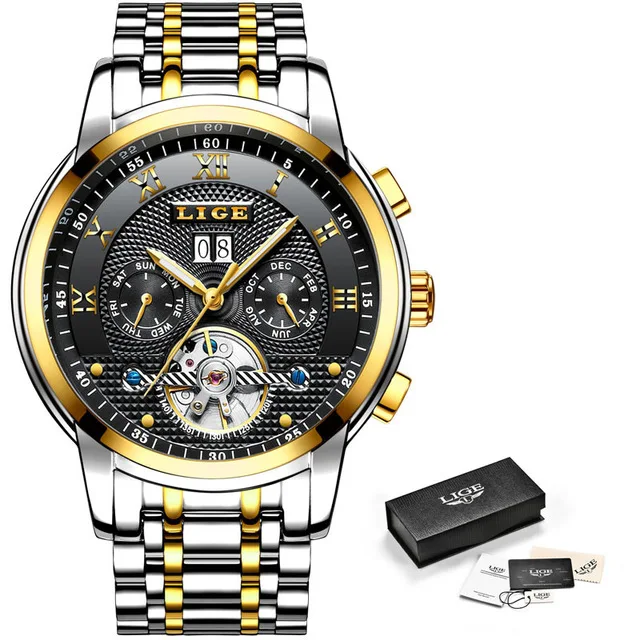 Мужские часы LIGE Топ бренд класса люкс турбийон автоматические механические часы мужские деловые водонепроницаемые часы из нержавеющей стали+ коробка - Цвет: steel gold black