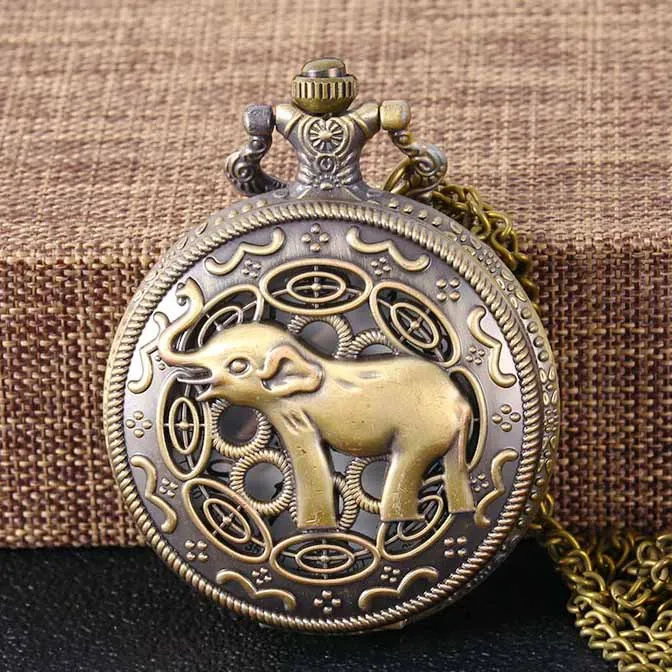 

Large Quartz Pocket Watch Embossed Elephant Pattern Hollow Design Creative Exquisite Quartz Pocket Watch Fashion Size Necklace