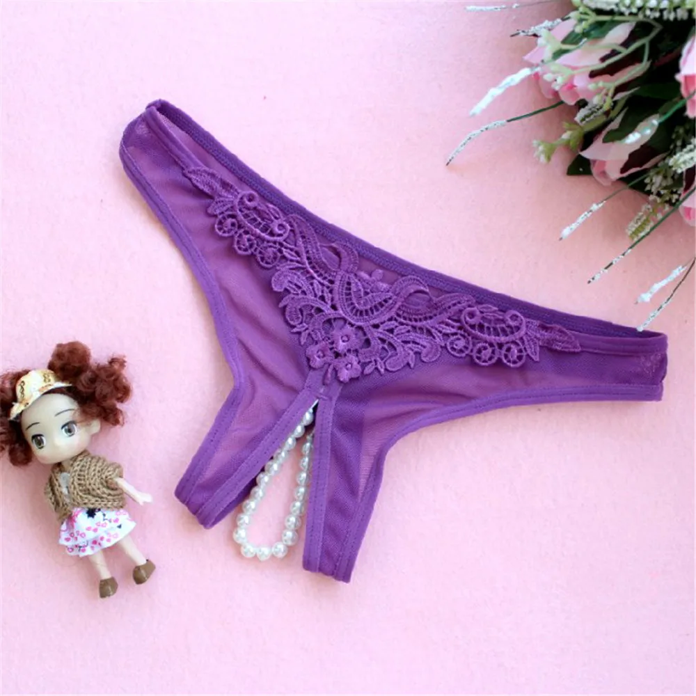 Erotic Crotch Open G String Thong Lingerie Women Sexy Crotchless Panties Bowknot Pearls Lace Underwear Home Wear - Цвет: Фиолетовый