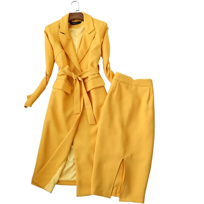 ladies suit autumn women skirt suit Korean Slim long suit windbreaker wild OL professional women suits two-piece office clothes - Цвет: yellow