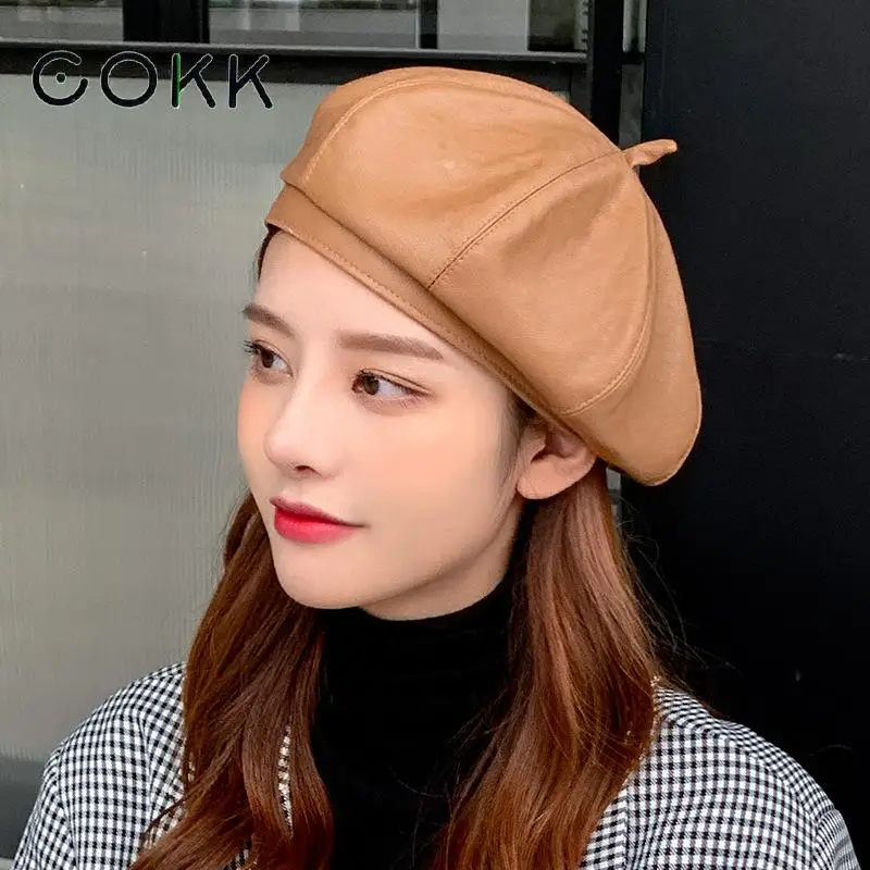 

COKK Hats For Women's Winter Beret Leather Painter Cap Pumpkin Hat Female Solid Color Retro British Beret Cap Winter Hat Gorras