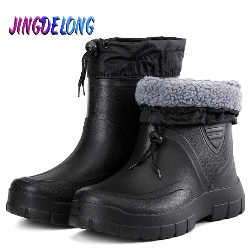 Winter Mens Rain Boots Plush Warm Mens Snow Boots Work Boots Waterproof Fishing Wellies Winter Boots Mens Motorcycle Boots