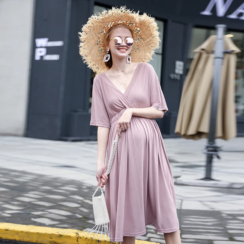 

Maternity Modal Dress 2019 New V-neck Pregnancy Dress Net Red Summer Long Over-the-knee Breastfeeding Skirt JoyRay.B