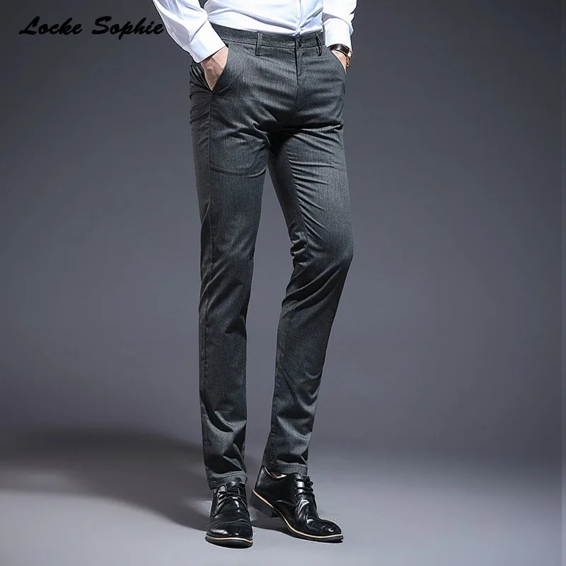 

High waist Mens Plus size Pencil pants trousers 2019 Autumn cotton blend stripe elastic suit pants men Skinny business trousers