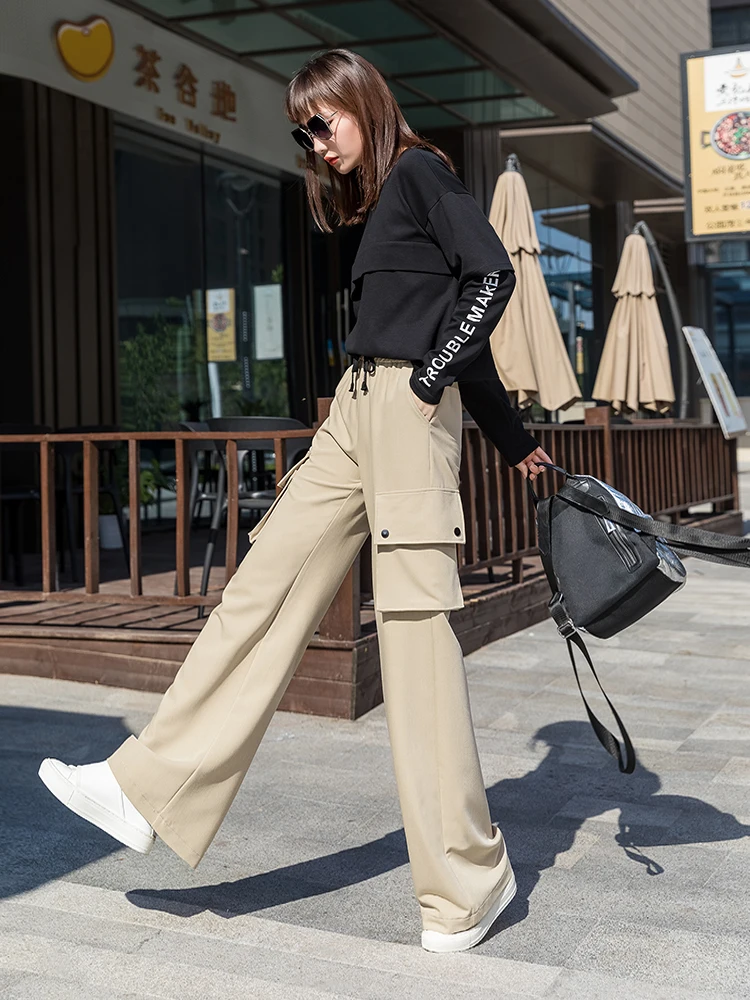 

Cargo Pants Women Autumn Elastic Waist Plus Size Lace Up Wide Leg Pants Streetwear Palazzo Pants Fall 2019 Grande Taille Femme
