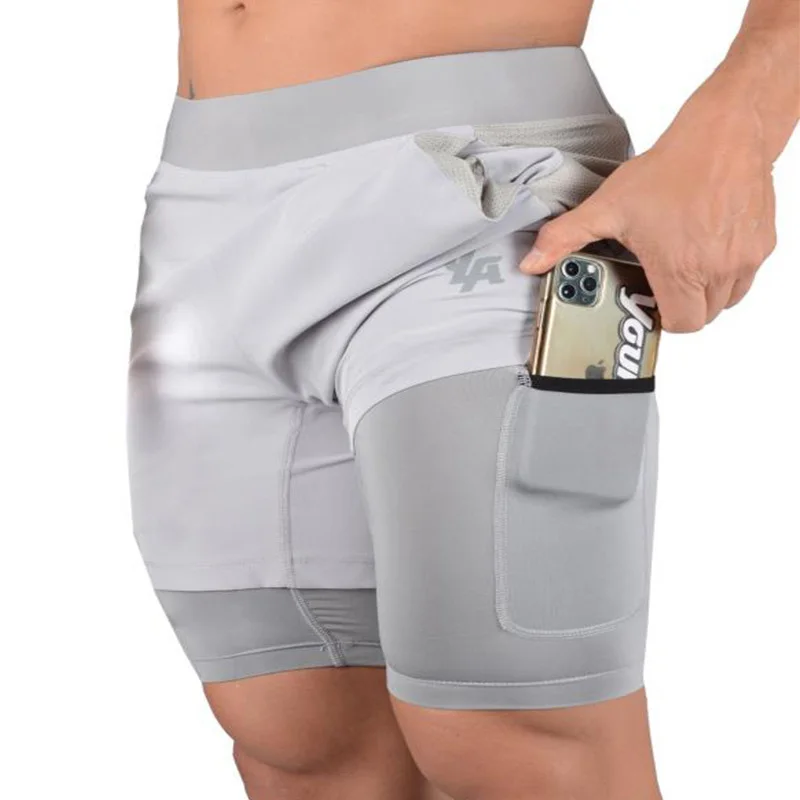 

Double layer Jogger Shorts Men 2 in 1 Short Pants Gyms Fitness Built-in pocket Bermuda Quick Dry Beach Shorts Male Sweatpants