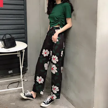 

Elegant Fashion 2020 Summer 2pcs Women's Sets O-Neck Solid Tee Tops And Ankle-Length Floral Print Wide Leg Pants Sets.w