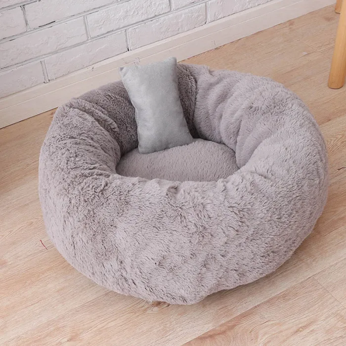 Pets Shag Plush Donut Cuddler Calming Bed Round Plush Cat Dog Mat Sleeping Bed with Pillow E2S