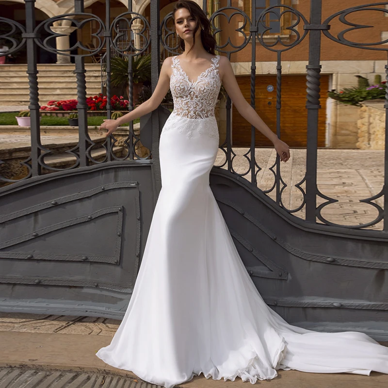 

Eightree Mermaid Beach Boho Wedding Dresses Lace Appliques Bridal Dress V Neck Backless Chiffon Wedding Gowns Vestido de noive