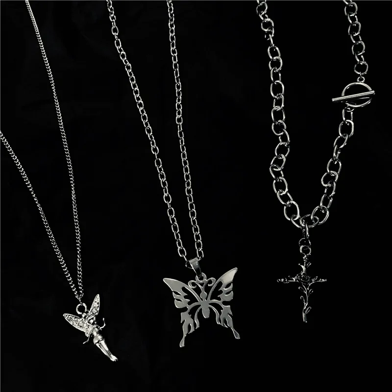 HUANZHI 2020 3pcs/set Three Layer Butterfly Cross Angel Pendant Metal Chain Necklace for Women Punk Cool Guy Jewelry