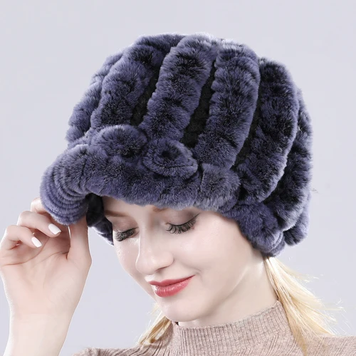 Настоящий мех кролика шапка леди зима натуральный настоящий мех кролика шапка женская вязаная теплая натуральная меховые шляпки - Цвет: blue