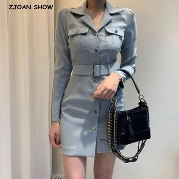 

2019 Fall Winter Women Dresses Buttons Solid Multi Colors Package Hip Lace Up Casual Pockets Ladies Dress With Belt autumn