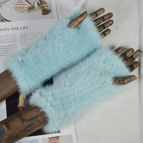 Для женщин из натурального меха норки, перчатки ручной вязки натуральный мех норки перчатки зимние теплые Хорошие эластичные настоящие норковые меховые варежки - Цвет: sky blue