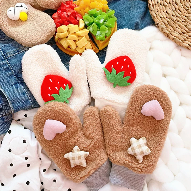 Зимние женские теплые перчатки с рисунком медведя из мультфильма, студенческие Висячие на шее, бархатные толстые велосипедные варежки, ветрозащитные кашемировые перчатки для вождения