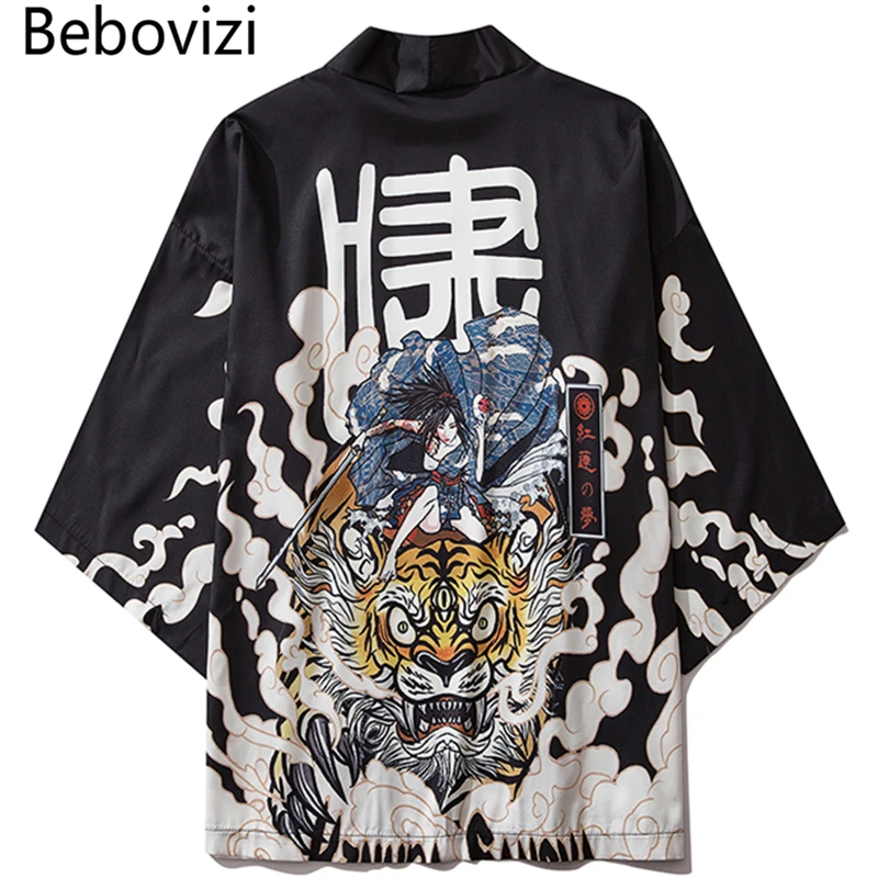 Bebovizi Harajuku Tiger Kimono Japanese Traditional Clothes Men Women Loose Anime Robe Streetwear Cardigan Yukata Male Haori Obi