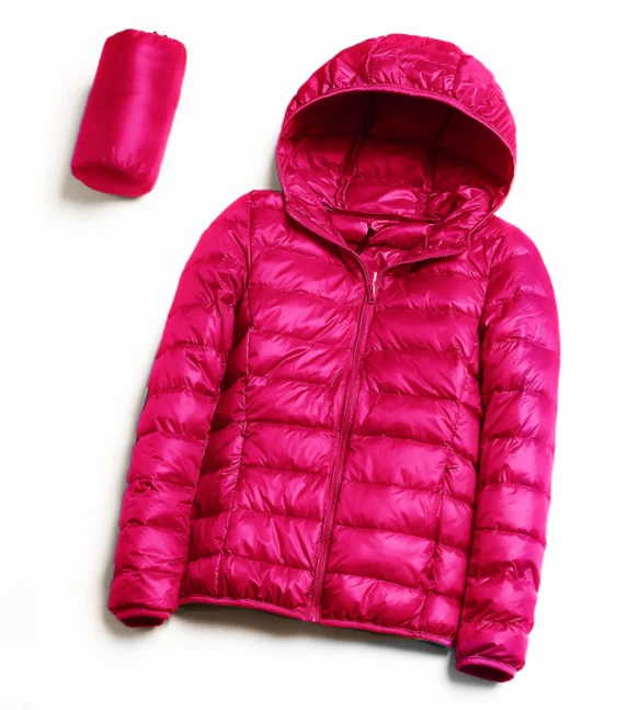 jacket with ultralight hood for women, winter, Camping, hiking, down, thin long-sleeved jacket with zipper over warm coat SA-8 - Цвет: Fuchsia