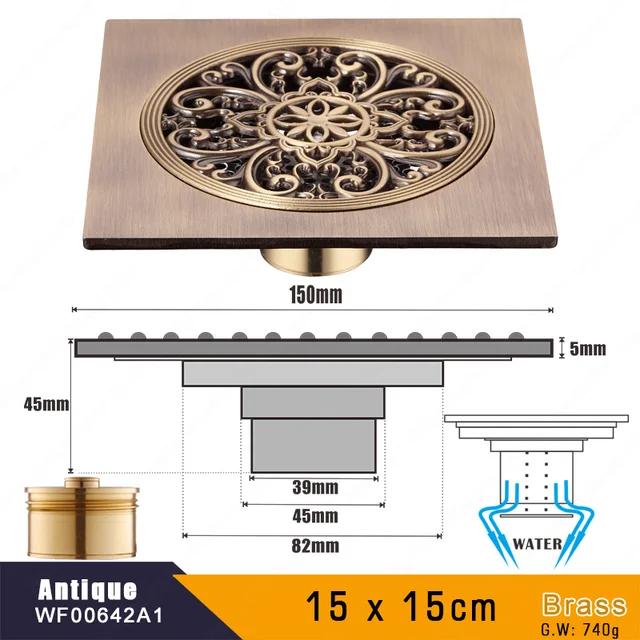 15 x 15 Square Bathroom Shower Drain Floor Drain Trap Waste Grate Antique Brass Grid Drain E