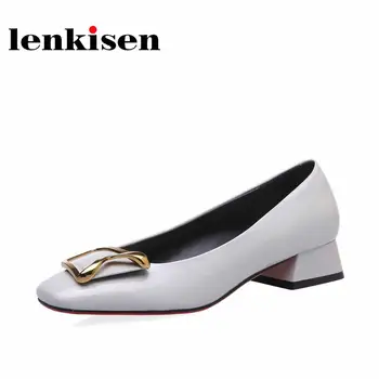 

Lenkisen basic clothing genuine leather oriental style shoes square toe med heels metal fasteners fashion women spring pumps L55
