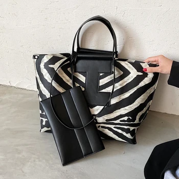 

HOT Original Design Retro Distressed Handbags New Fashion Large Capacity Shoulder Zebra Pattern Portable Tote Bag Width: 50cm