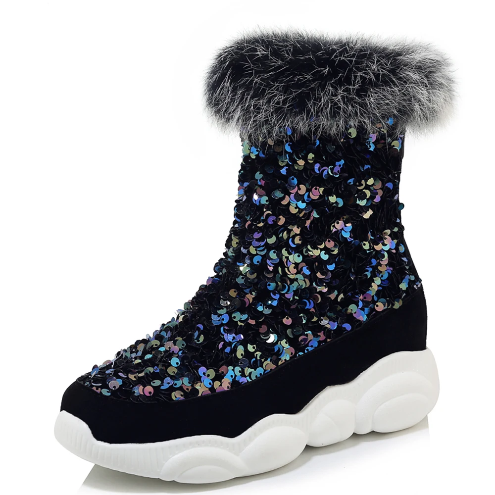 

Rabbit Fur-Edge Sequined Cloth Winter Warm Shoes, Flat-Bottomed Inner Heightening Lightweight And Shiny Ankle Boots Reflective