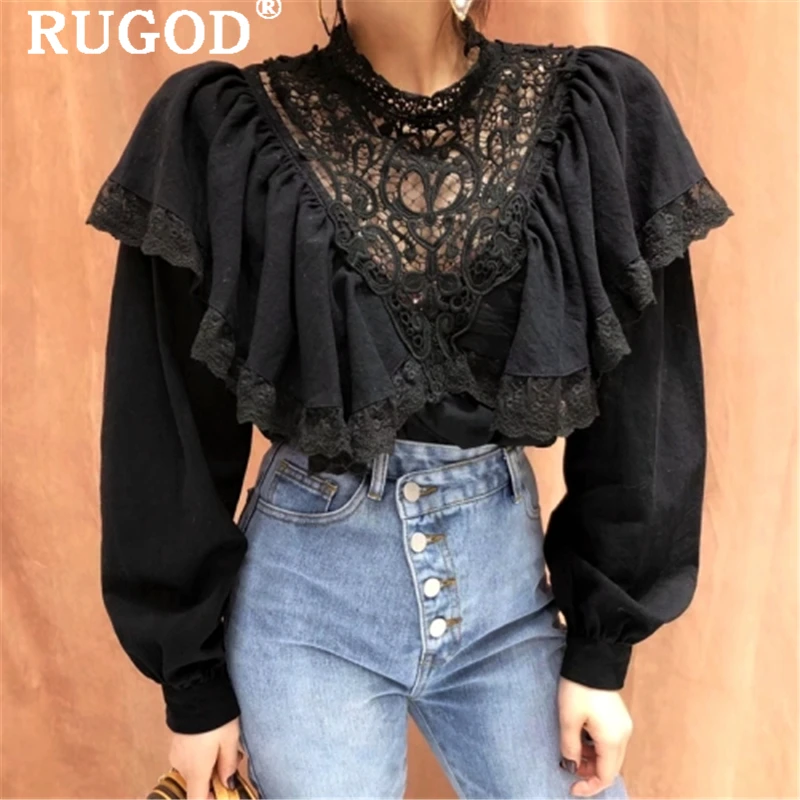 RUGOD 2020 Корейская шикарная белая женская блузка с оборками элегантная кружевная