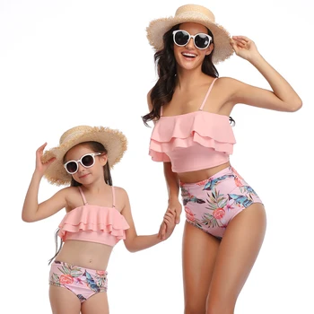 

Ruffled Mother Daughter Matching Swimsuits Mommy and Me Swimwear Clothes Family Look High Waist Women & Girls Bath Suits Dresses