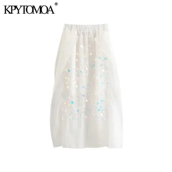 

KPYTOMOA Women 2020 Sexy Fashion Sequin See Through Midi Skirt Vintage Elastic Waist With Lining Side Slit Female Skirts Mujer