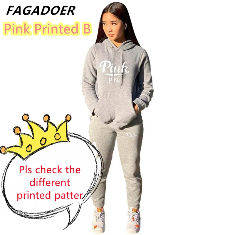 Fagadoer Hoodies Sport Two Piece Set Women Autumn Winter Tracksuit Solid Sweatshirts+Pants Casual Streetwear Women Sweat Suits pink jogging suit Suits & Blazers