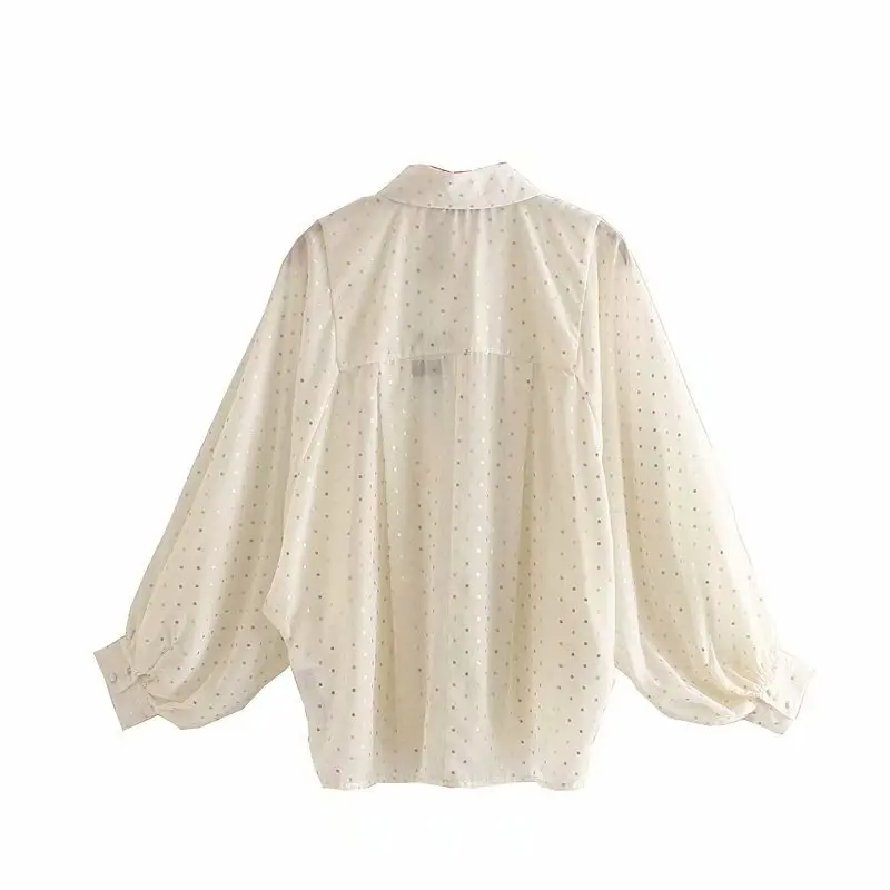 Элегантная повседневная Свободная блузка с принтом в горошек для женщин, модная плиссированная рубашка с длинным рукавом и отложным воротником, стильный прозрачный топ