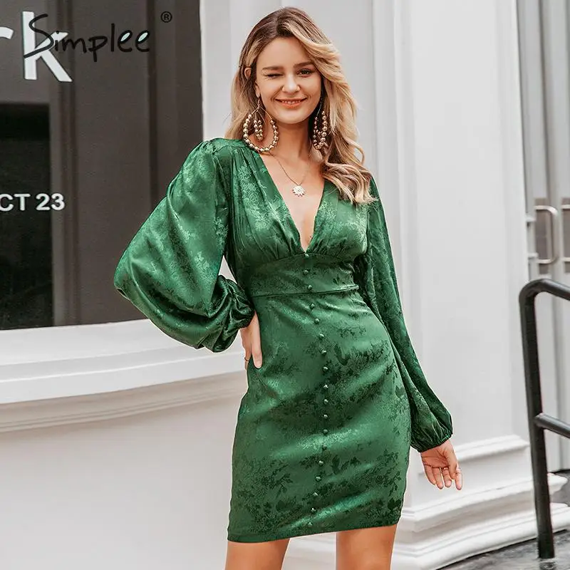 Simplee Sexy v-образным вырезом короткое вечернее платье Фонарь однобортный мини-платье Зеленая вечернее платье
