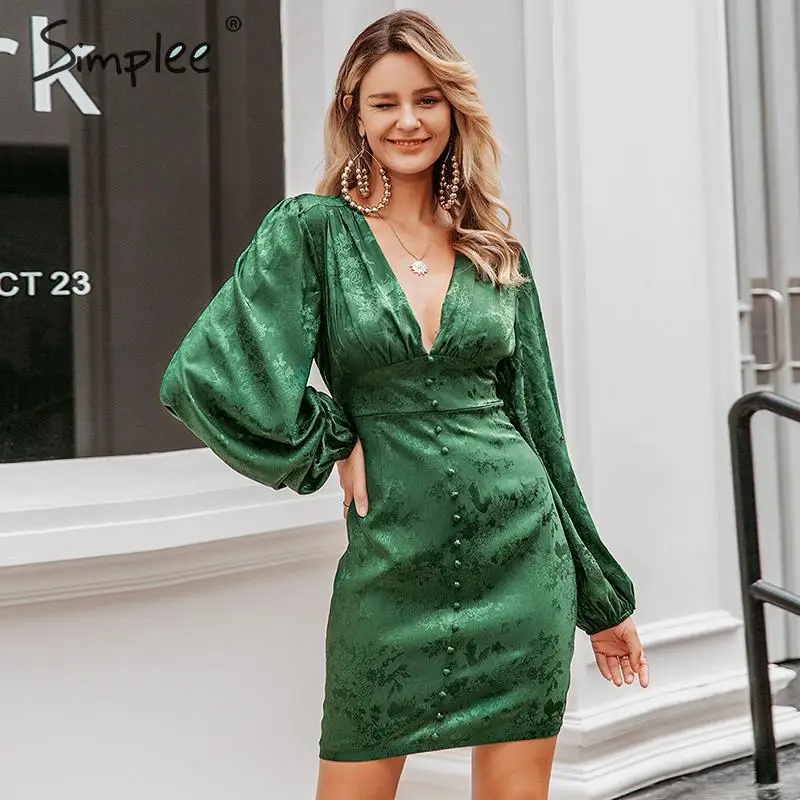 Simplee Sexy v-образным вырезом короткое вечернее платье Фонарь однобортный