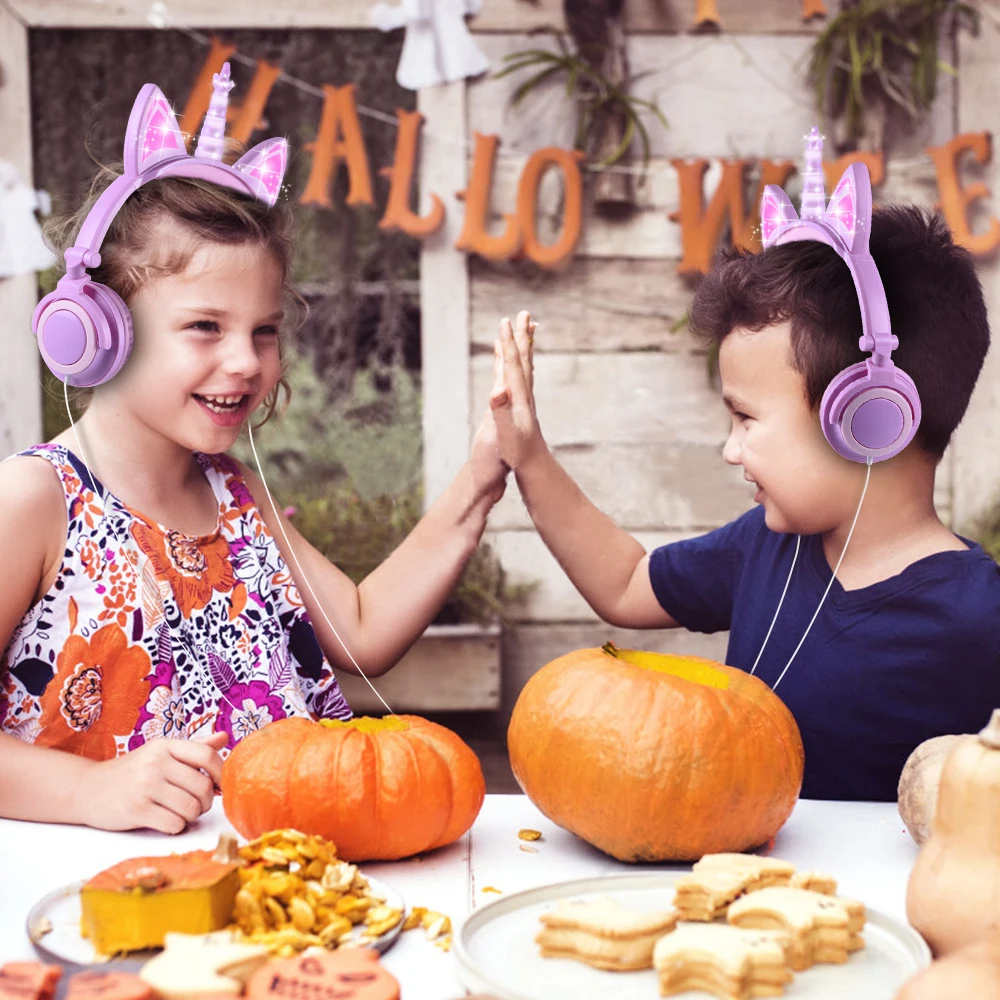 Original Unicorn Headphones LED Flashing Children Headphone Foldable Music Wired Headphones Cat Ear Gaming Headset Kids Gifts