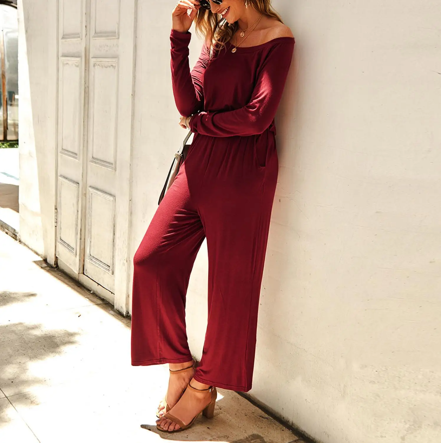 Womens Jumpsuit Trouser Solid Wide Leg Long Sleeve O-Neck Jumpsuit Ladies Evening Party Playsuit Fashion Harajuku Jumpsuit