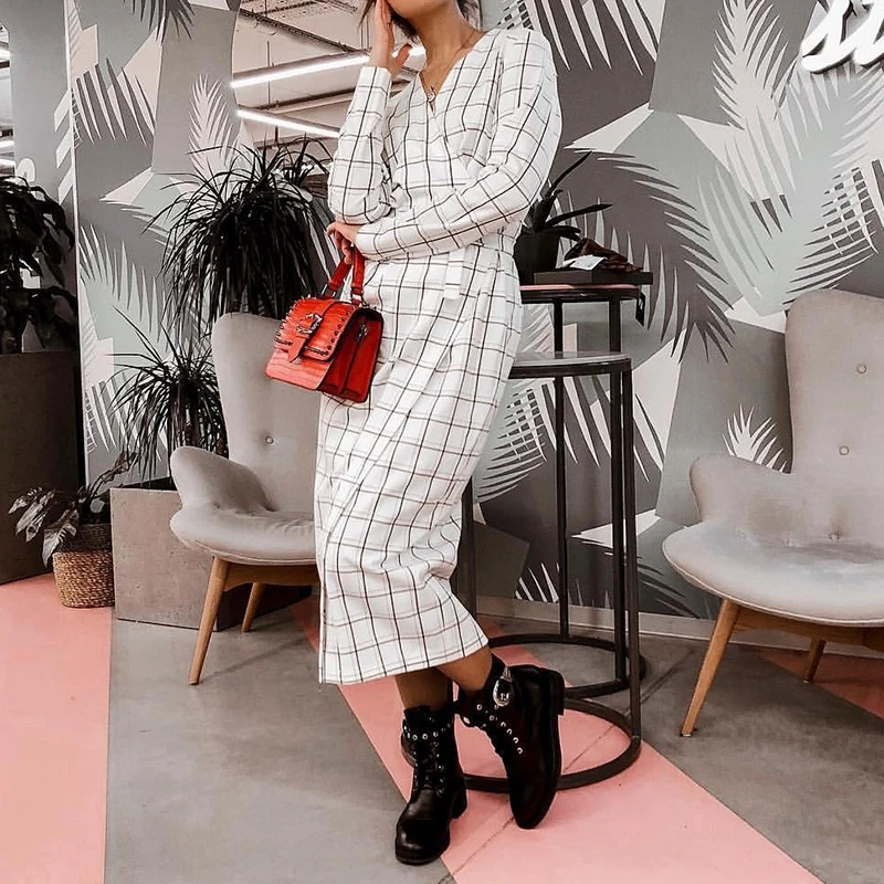 Najtaniej Brytyjska grafika elegancka kratka sprawdzona sukienka Vinatge Office Lady Slim z długim rękawem sukienka do kolan kobiety siatka drukuj szata LX137