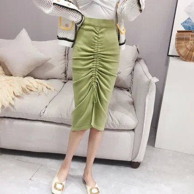 Green Skirt Юбка-карандаш с высокой талией, весна-осень, женская элегантная плиссированная трикотажная Облегающая Юбка со шнуровкой, однотонная женская офисная одежда, юбки - Цвет: Green Skirt