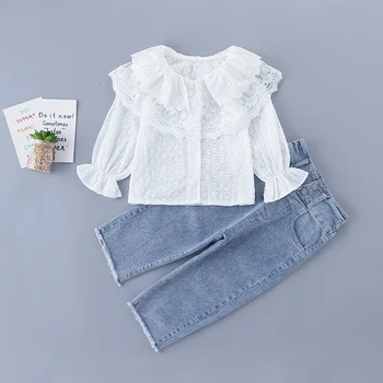 

3-7 years high quality spring girl clothing set 2020 new fashion casual white shirt + jeans kid children girls clothing