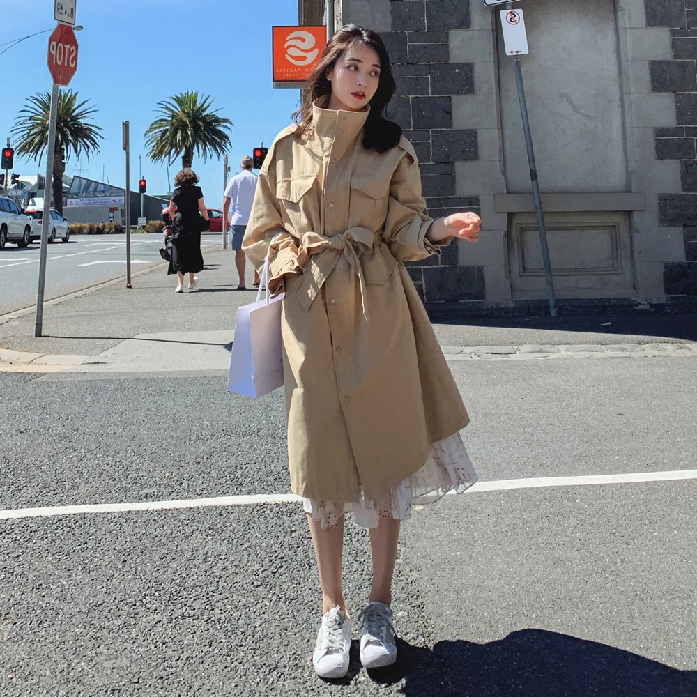 

Photo Shoot 2019 Spring New Style Korean-style WOMEN'S Wear Retro British Style Single Breasted Waist Hugging Slimming Workwear