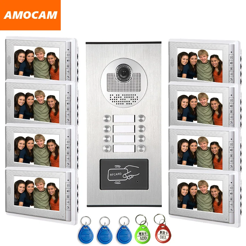 

8 Units Video Intercom Apartment Door Phone System HD Camera 7" Monitor video Doorbell with 5-RFID Card Unlock for 8 Household