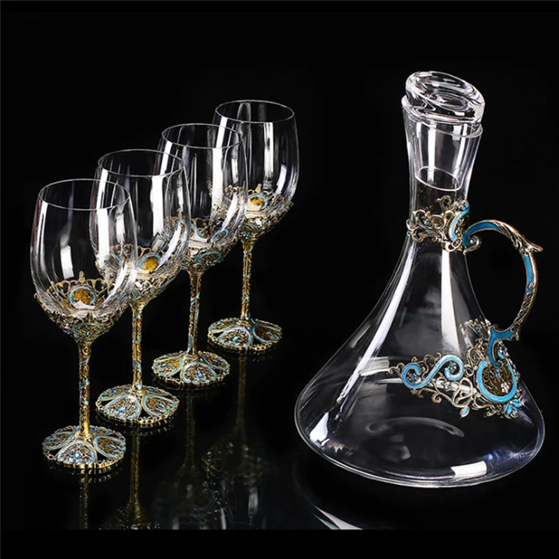 5pcs Wine Set 1500ml Decanter 350ml Red Wine Glass Alloy European