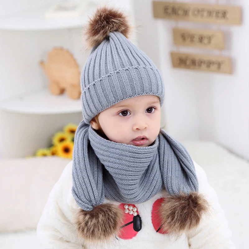 

New 2Pcs/Set Knit Wool Baby Hats Scarf Turban Beanie Warm Caps Soft Hat For Girls Boys Pompom Ball Elastic Bonnet Autumn Winter
