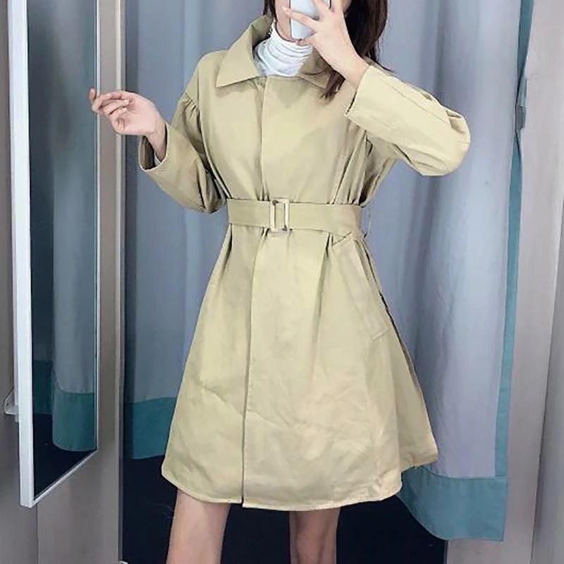 SeeBeautiful Новая мода весеннее простое однобортное Свободное пальто с отворотом и длинным рукавом и поясом ветровка для женщин Q773